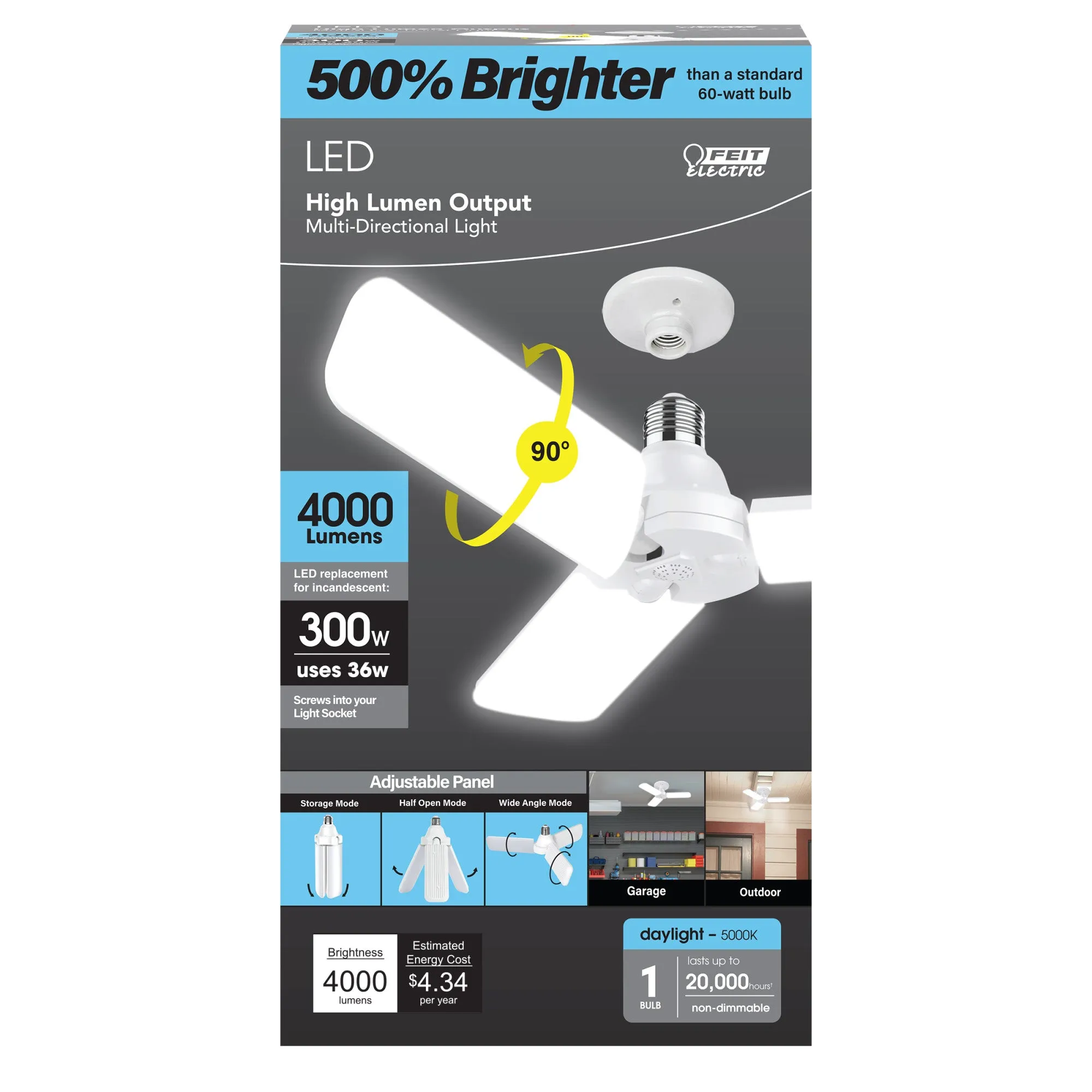 36W (300W Replacement) 4000 Lumen Daylight (5000K)  E26 Base Foldable Panel Light