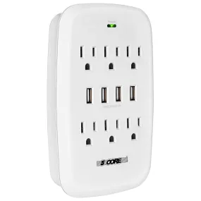 5 Core 6 Outlet Wall Plug Extender with 4 USB Ports (4.8A Total),