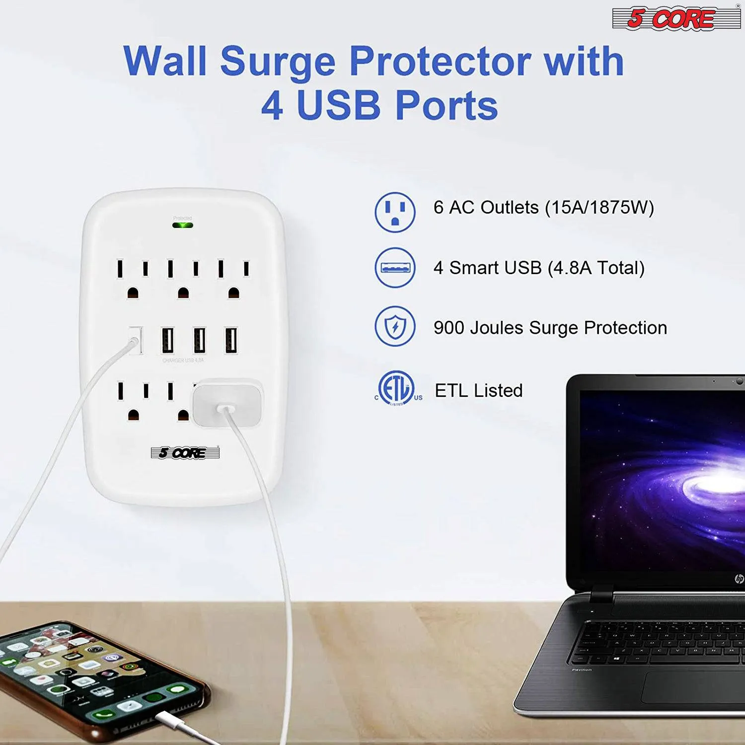 5 Core 6 Outlet Wall Plug Extender with 4 USB Ports (4.8A Total),