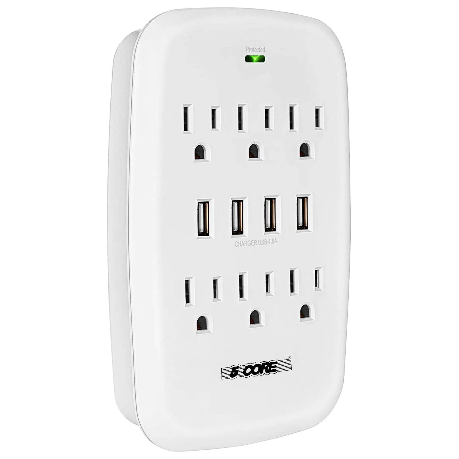 5 Core 6 Outlet Wall Plug Extender with 4 USB Ports (4.8A Total),