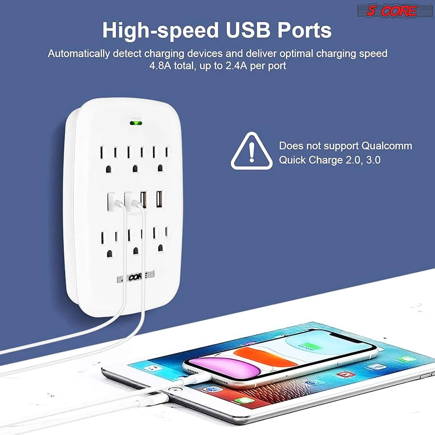 5 Core 6 Outlet Wall Plug Extender with 4 USB Ports (4.8A Total),