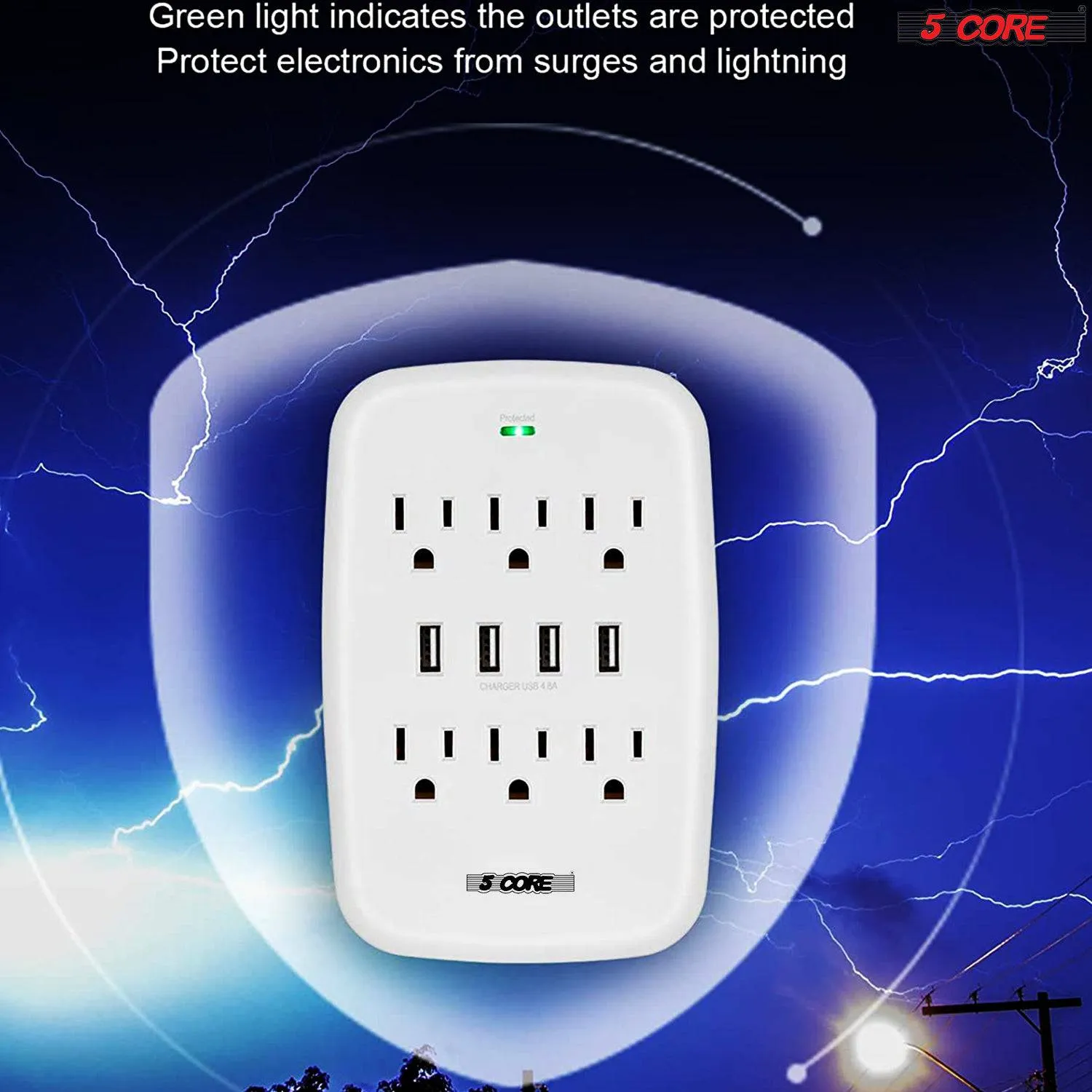 5 Core 6 Outlet Wall Plug Extender with 4 USB Ports (4.8A Total),
