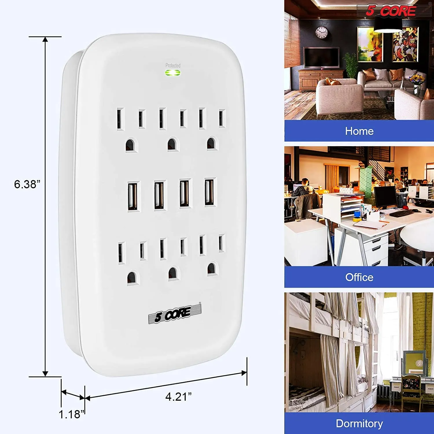 5 Core 6 Outlet Wall Plug Extender with 4 USB Ports (4.8A Total),