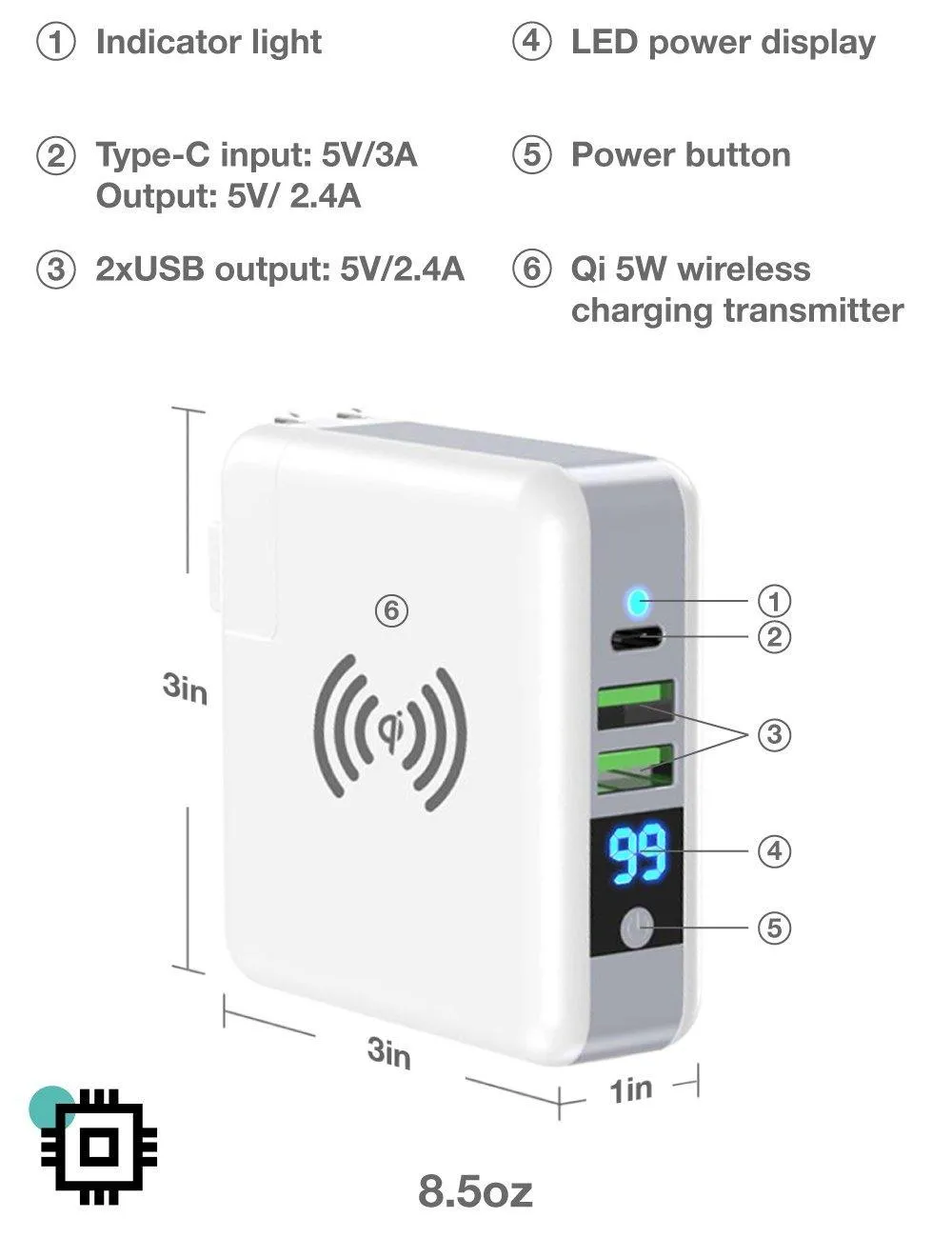 6700mAh 3 in 1 Multipurpose Super Wireless Charging Power Bank Wall Adapter Travel Charger
