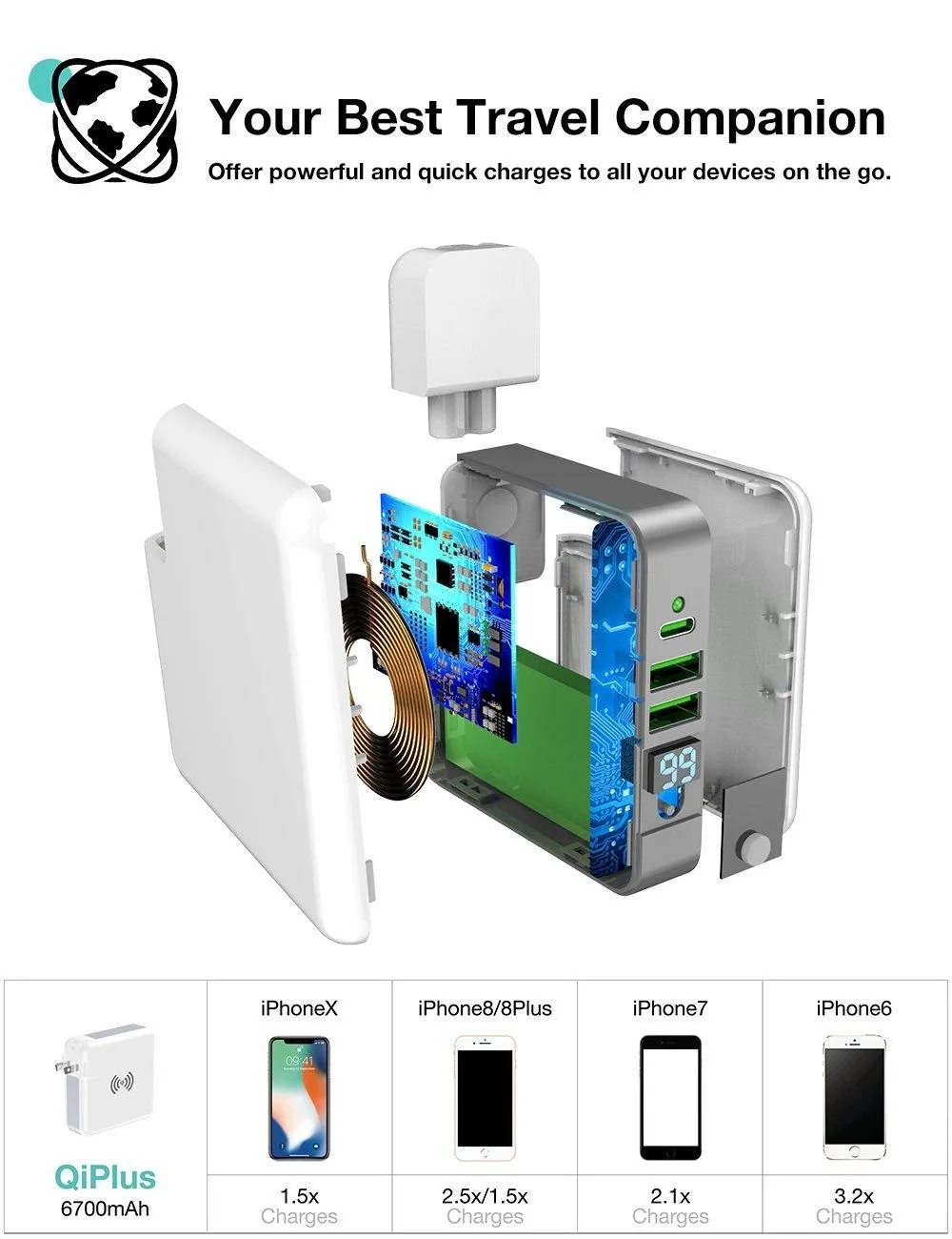 6700mAh 3 in 1 Multipurpose Super Wireless Charging Power Bank Wall Adapter Travel Charger