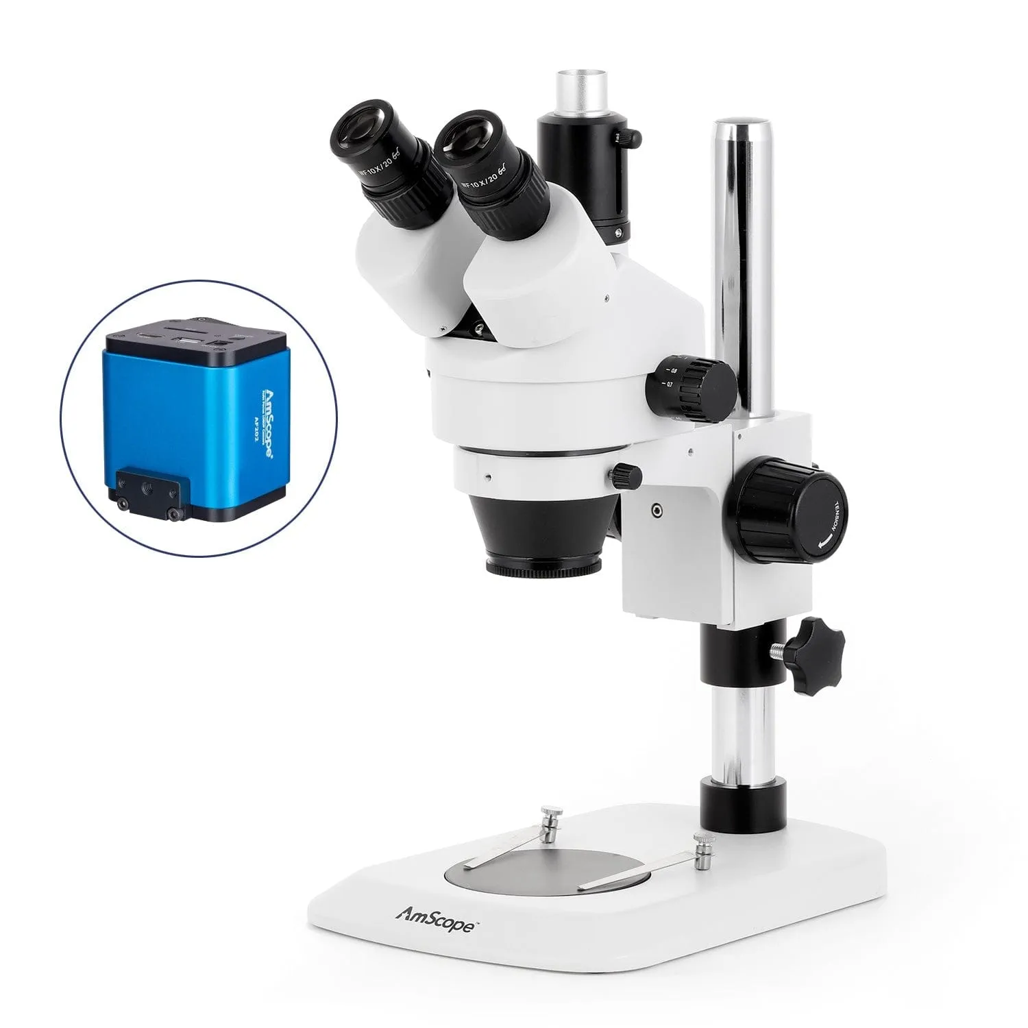 AmScope SM-1 Industrial Inspection Zoom Stereo Microscope w/Auto Focus Camera on Pillar Stand with Small Base
