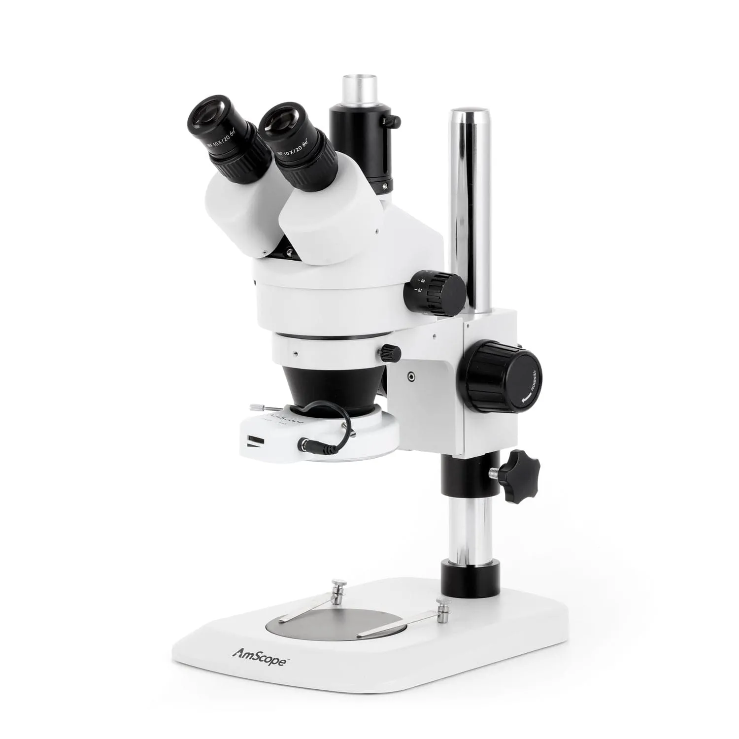 AmScope SM-1 Series Industrial Inspection Zoom Trinocular Stereo Microscope with 144 LED Compact Ring Light and HDMI Camera on Pillar Stand with Small Base
