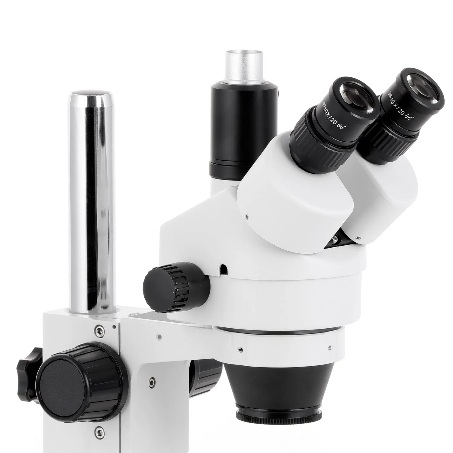 AmScope SM-1 Series Industrial Inspection Zoom Trinocular Stereo Microscope with 144 LED Ring Light and Auto Focus Camera on Pillar Stand with Small Base