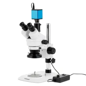 AmScope SM-1 Series Industrial Inspection Zoom Trinocular Stereo Microscope with 144 LED Ring Light and Auto Focus Camera on Pillar Stand with Small Base