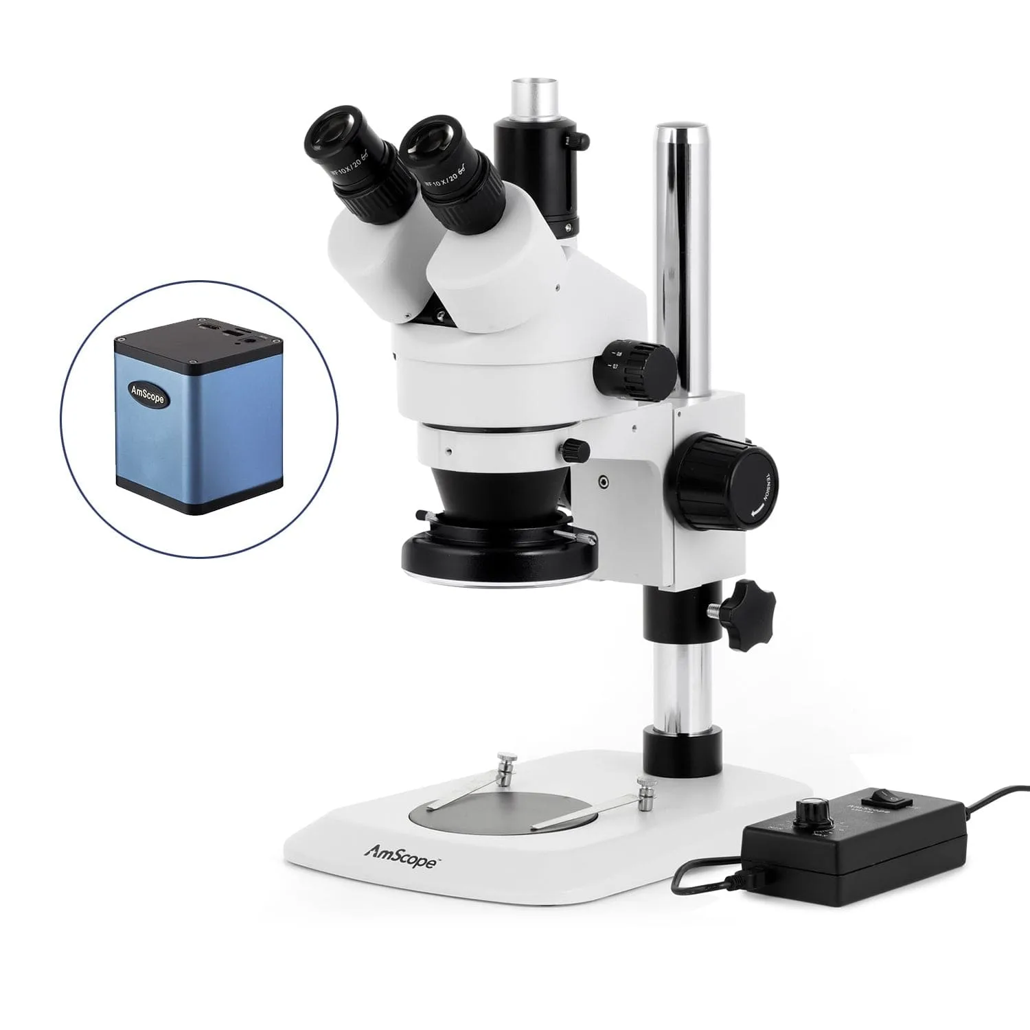 AmScope SM-1 Series Industrial Inspection Zoom Trinocular Stereo Microscope with 144 LED Ring Light and Auto Focus Camera on Pillar Stand with Small Base