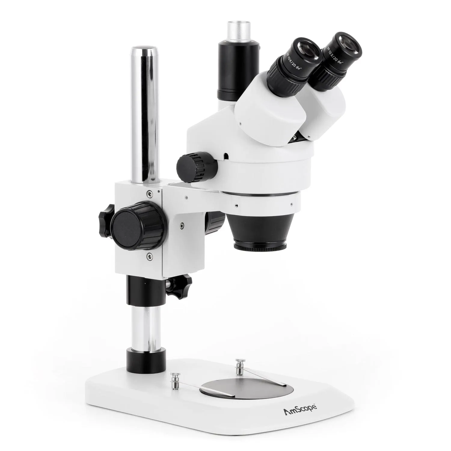 AmScope SM-1 Series Industrial Inspection Zoom Trinocular Stereo Microscope with 144 LED Ring Light and Auto Focus Camera on Pillar Stand with Small Base