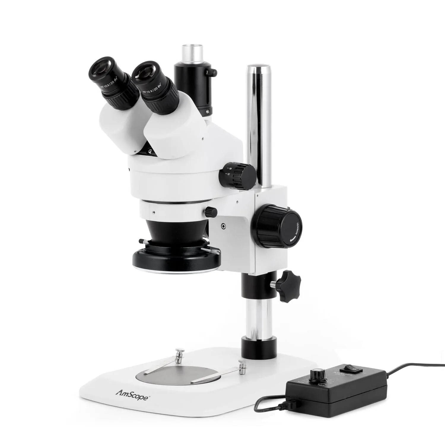 AmScope SM-1 Series Industrial Inspection Zoom Trinocular Stereo Microscope with 144 LED Ring Light and Auto Focus Camera on Pillar Stand with Small Base