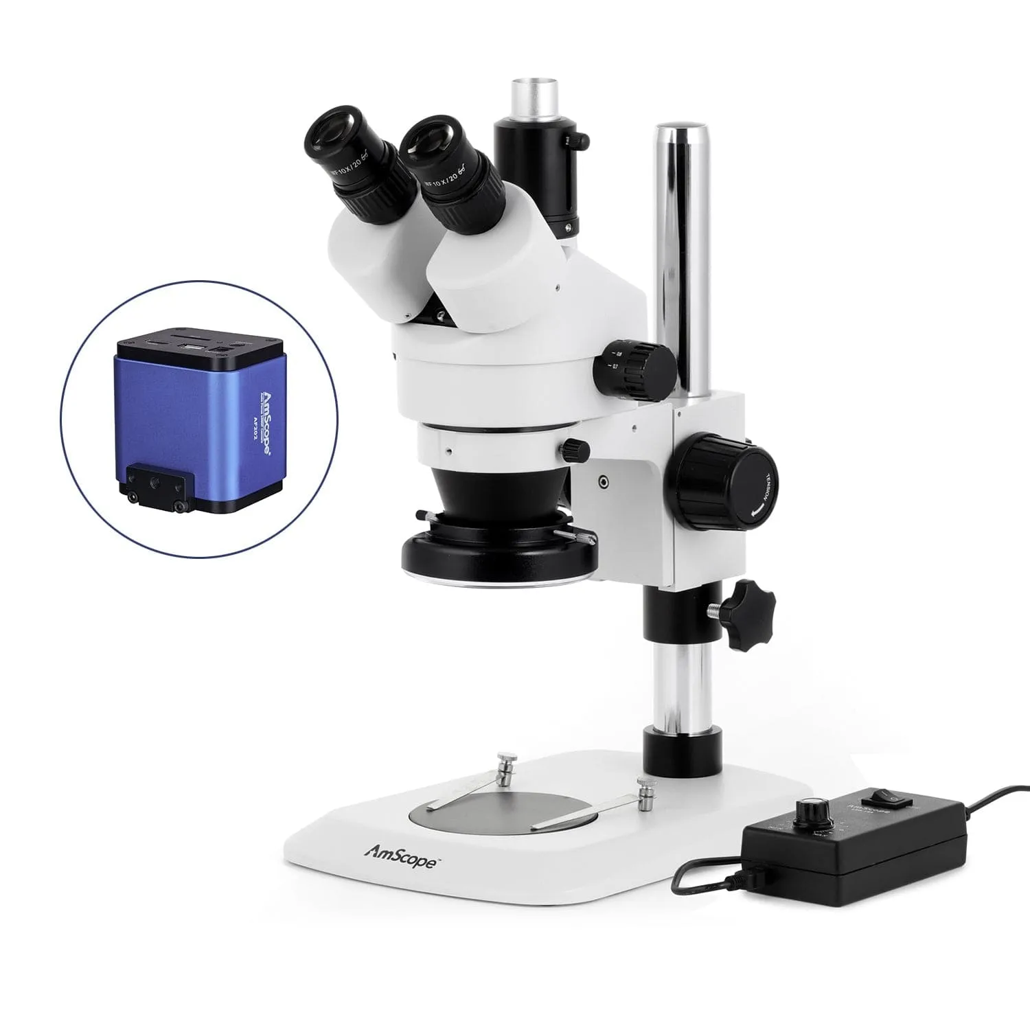 AmScope SM-1 Series Industrial Inspection Zoom Trinocular Stereo Microscope with 144 LED Ring Light and Auto Focus Camera on Pillar Stand with Small Base