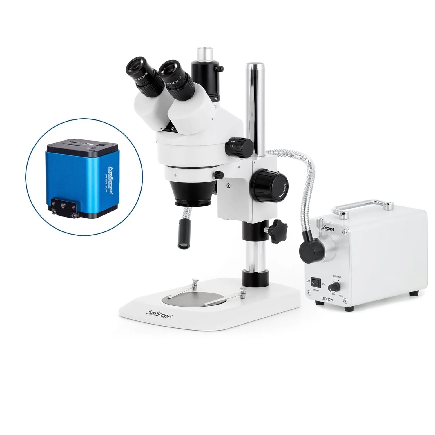 AmScope SM-1 Series Industrial Inspection Zoom Trinocular Stereo Microscope with 30W LED Single Fiber Optic Gooseneck Light and HDMI Camera on Pillar Stand with Small Base