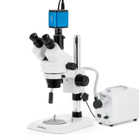 AmScope SM-1 Series Industrial Inspection Zoom Trinocular Stereo Microscope with 30W LED Single Fiber Optic Gooseneck Light and HDMI Camera on Pillar Stand with Small Base
