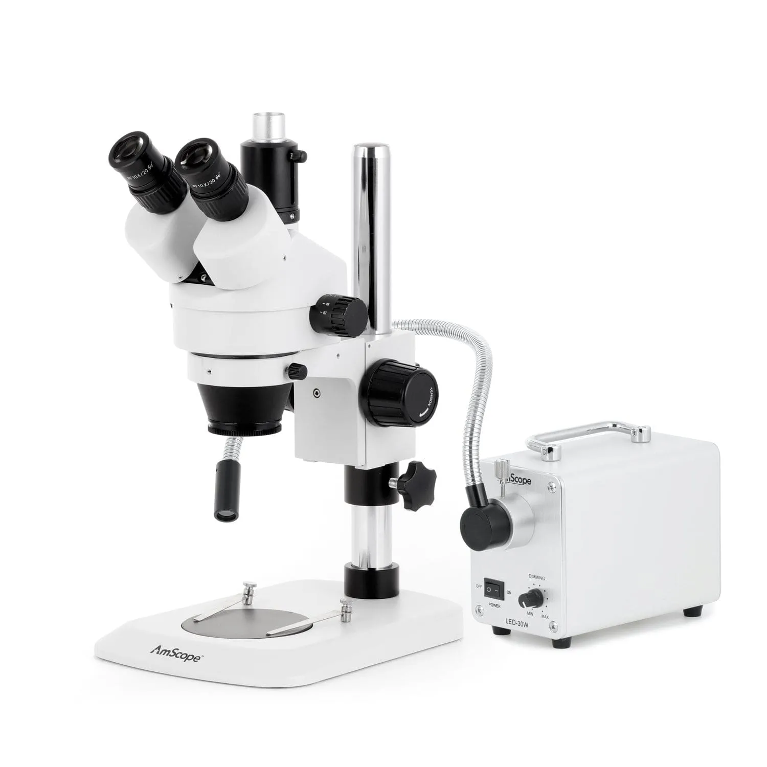 AmScope SM-1 Series Industrial Inspection Zoom Trinocular Stereo Microscope with 30W LED Single Fiber Optic Gooseneck Light and HDMI Camera on Pillar Stand with Small Base