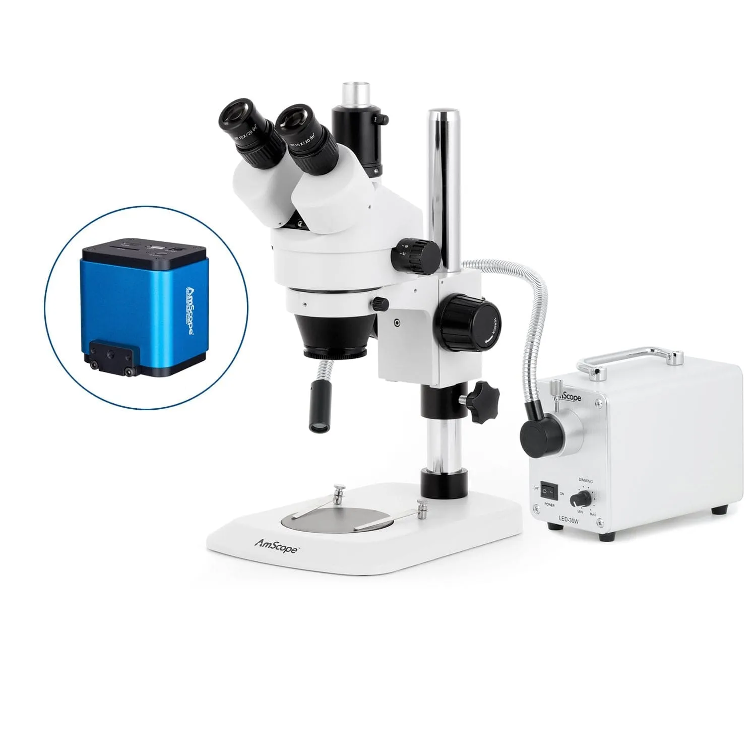 AmScope SM-1 Series Industrial Inspection Zoom Trinocular Stereo Microscope with 30W LED Single Fiber Optic Gooseneck Light and HDMI Camera on Pillar Stand with Small Base