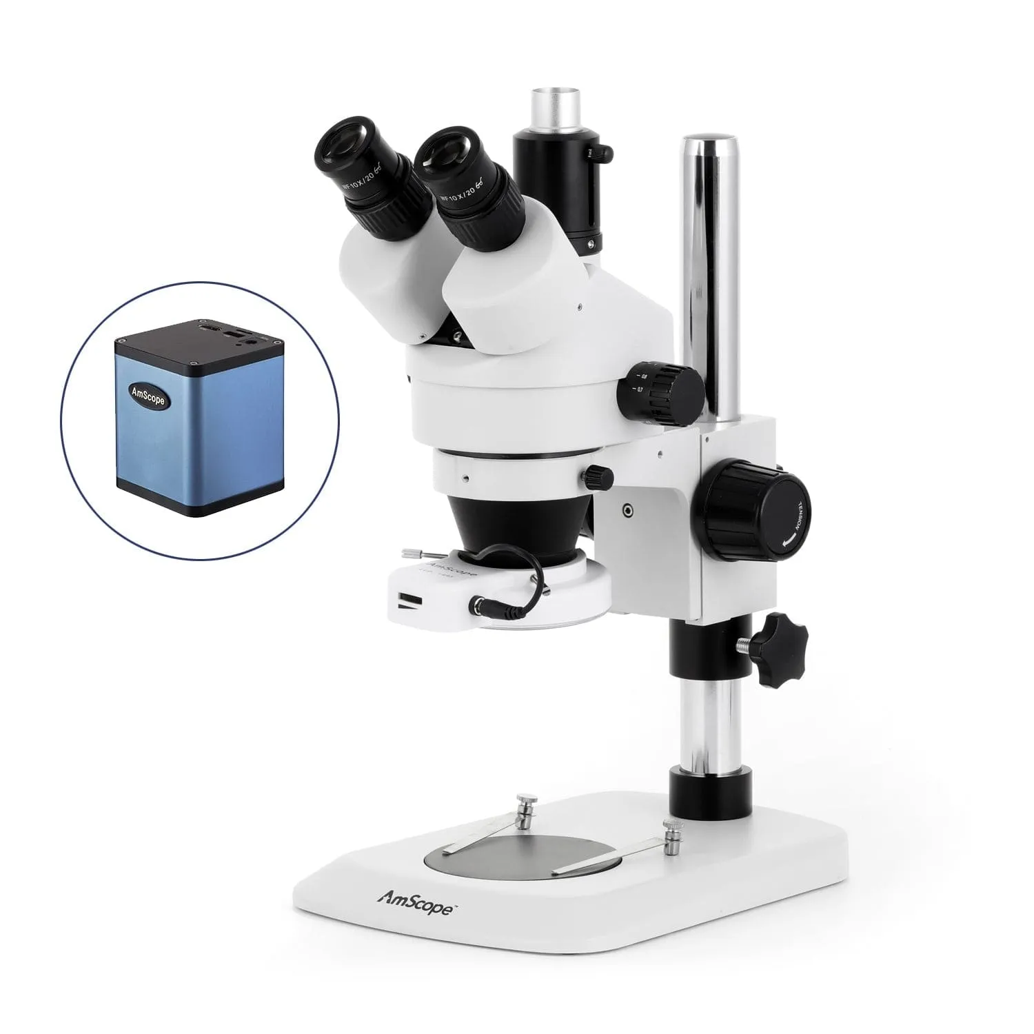 AmScope SM-1 Series Industrial Inspection Zoom Trinocular Stereo Microscope with 56 LED Compact Ring Light and Auto Focus Camera on Pillar Stand with Small Base