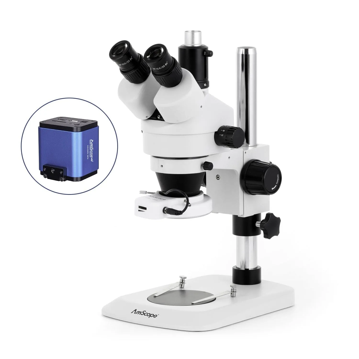 AmScope SM-1 Series Industrial Inspection Zoom Trinocular Stereo Microscope with 64 LED Compact Ring Light and HDMI Camera on Pillar Stand with Small Base