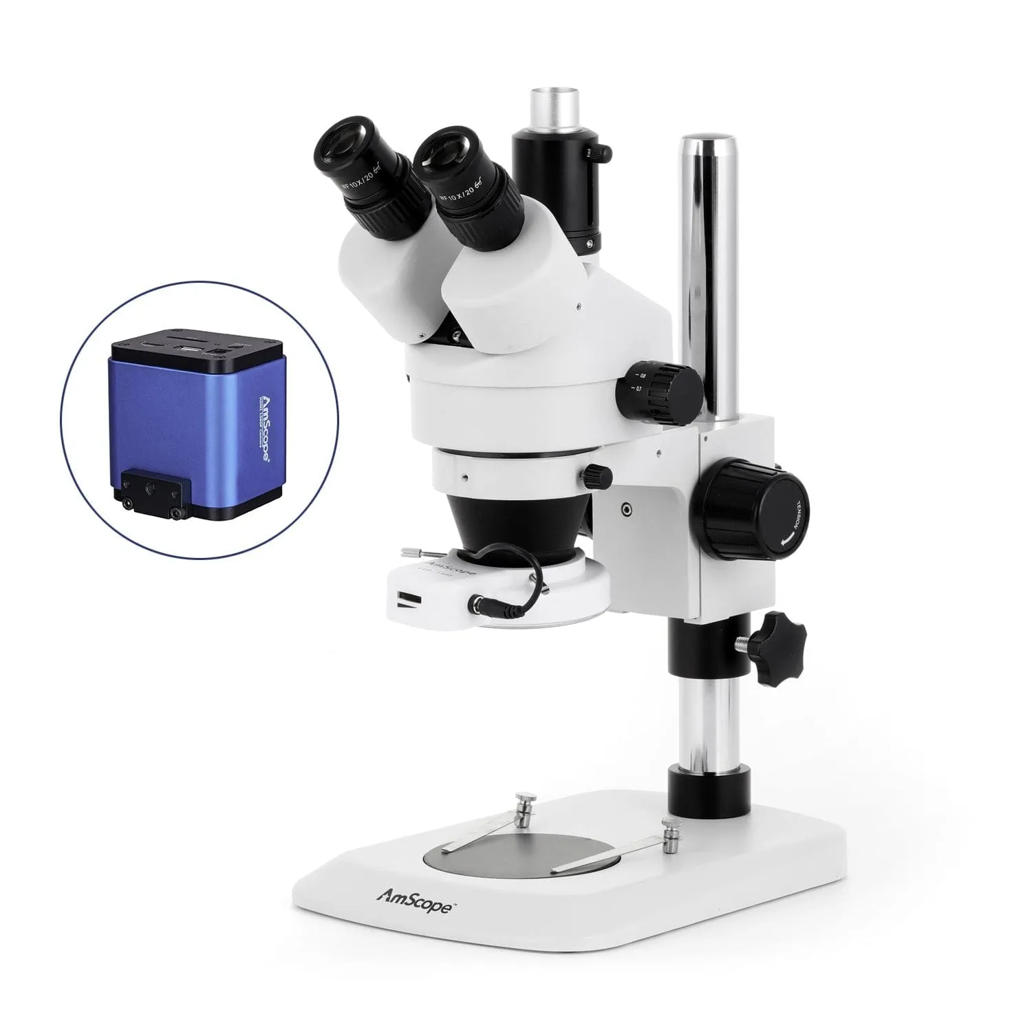 AmScope SM-1 Series Industrial Inspection Zoom Trinocular Stereo Microscope with 64 LED Compact Ring Light and HDMI Camera on Pillar Stand with Small Base