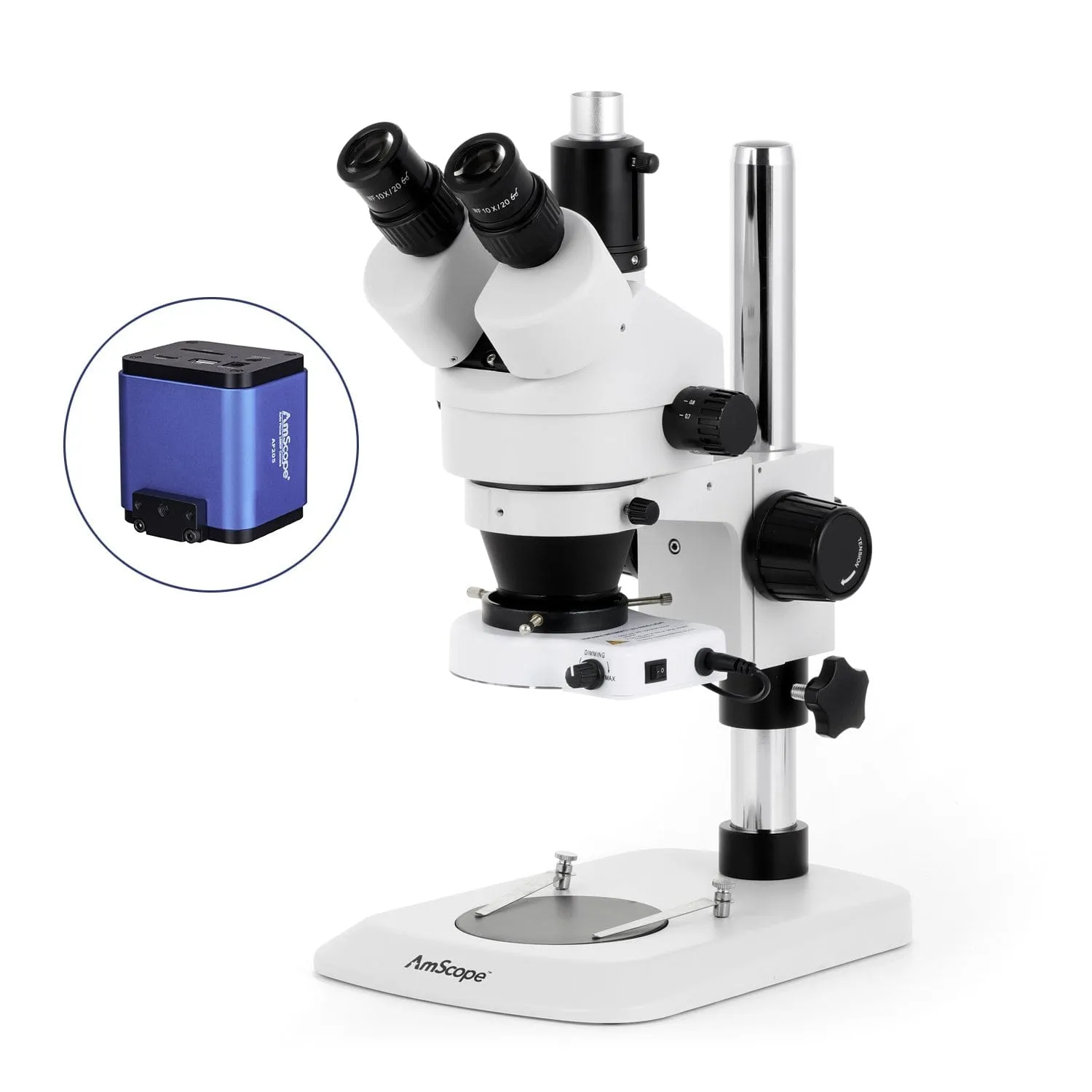 AmScope SM-1 Series Industrial Inspection Zoom Trinocular Stereo Microscope with 80 LED Compact Ring Light and Auto Focus Camera on Pillar Stand with Small Base
