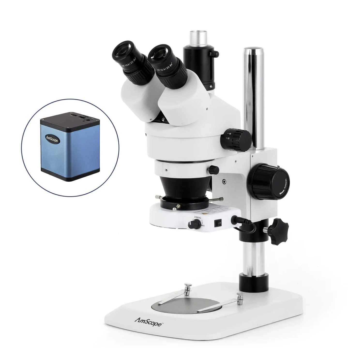 AmScope SM-1 Series Industrial Inspection Zoom Trinocular Stereo Microscope with 80 LED Compact Ring Light and Auto Focus Camera on Pillar Stand with Small Base