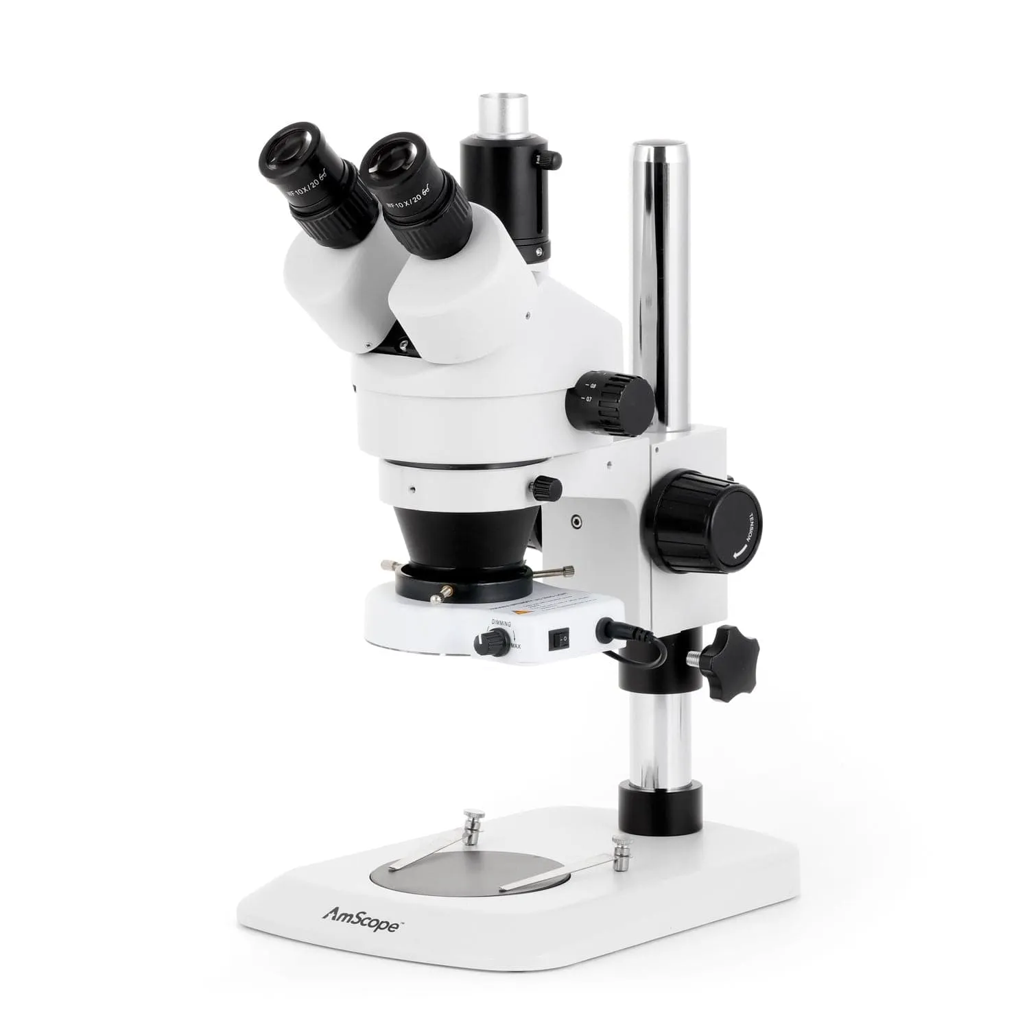 AmScope SM-1 Series Industrial Inspection Zoom Trinocular Stereo Microscope with 80 LED Compact Ring Light and Auto Focus Camera on Pillar Stand with Small Base