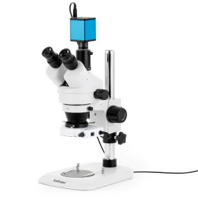 AmScope SM-1 Series Industrial Inspection Zoom Trinocular Stereo Microscope with 80 LED Compact Ring Light and Auto Focus Camera on Pillar Stand with Small Base