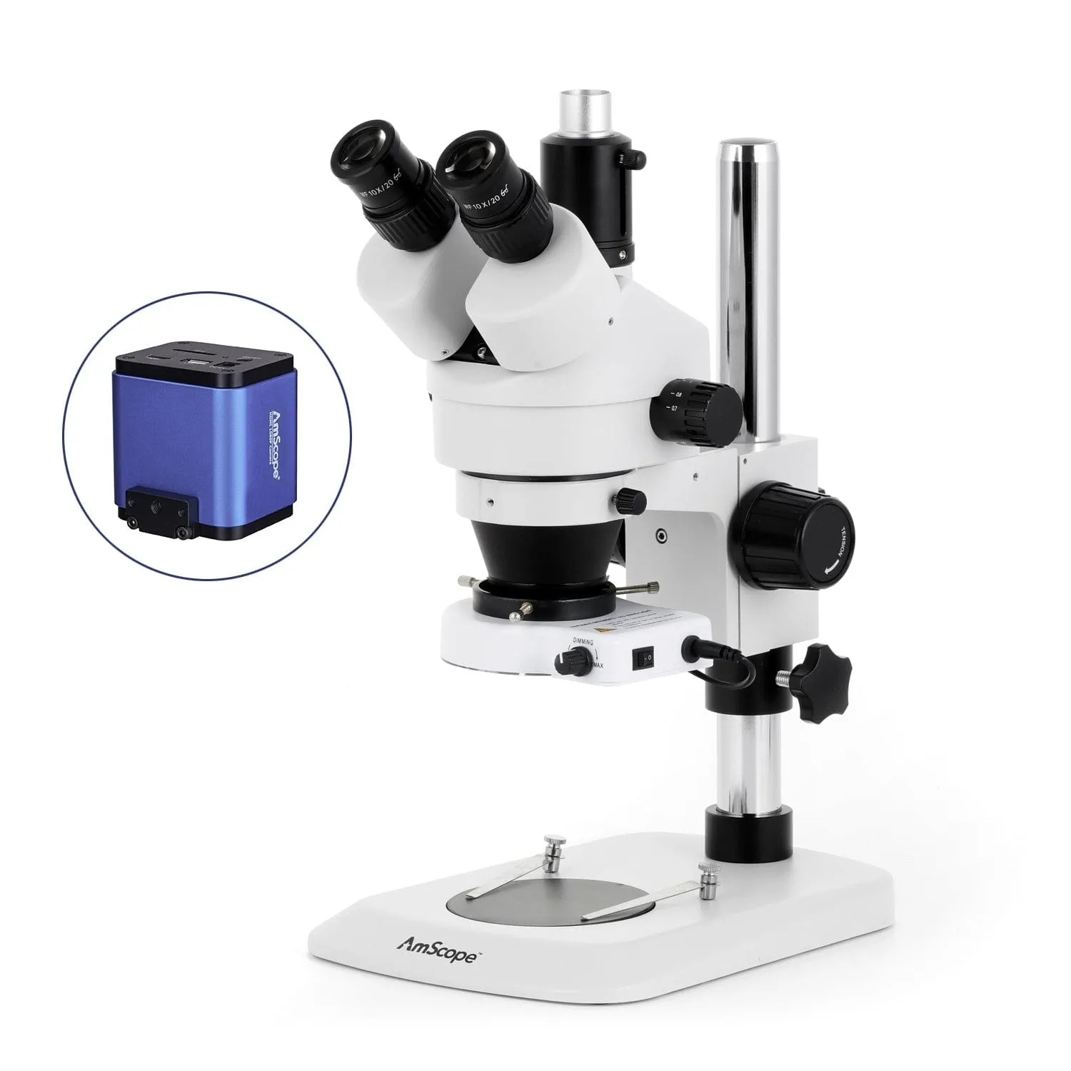 AmScope SM-1 Series Industrial Inspection Zoom Trinocular Stereo Microscope with 80 LED Compact Ring Light and HDMI Camera on Pillar Stand with Small Base