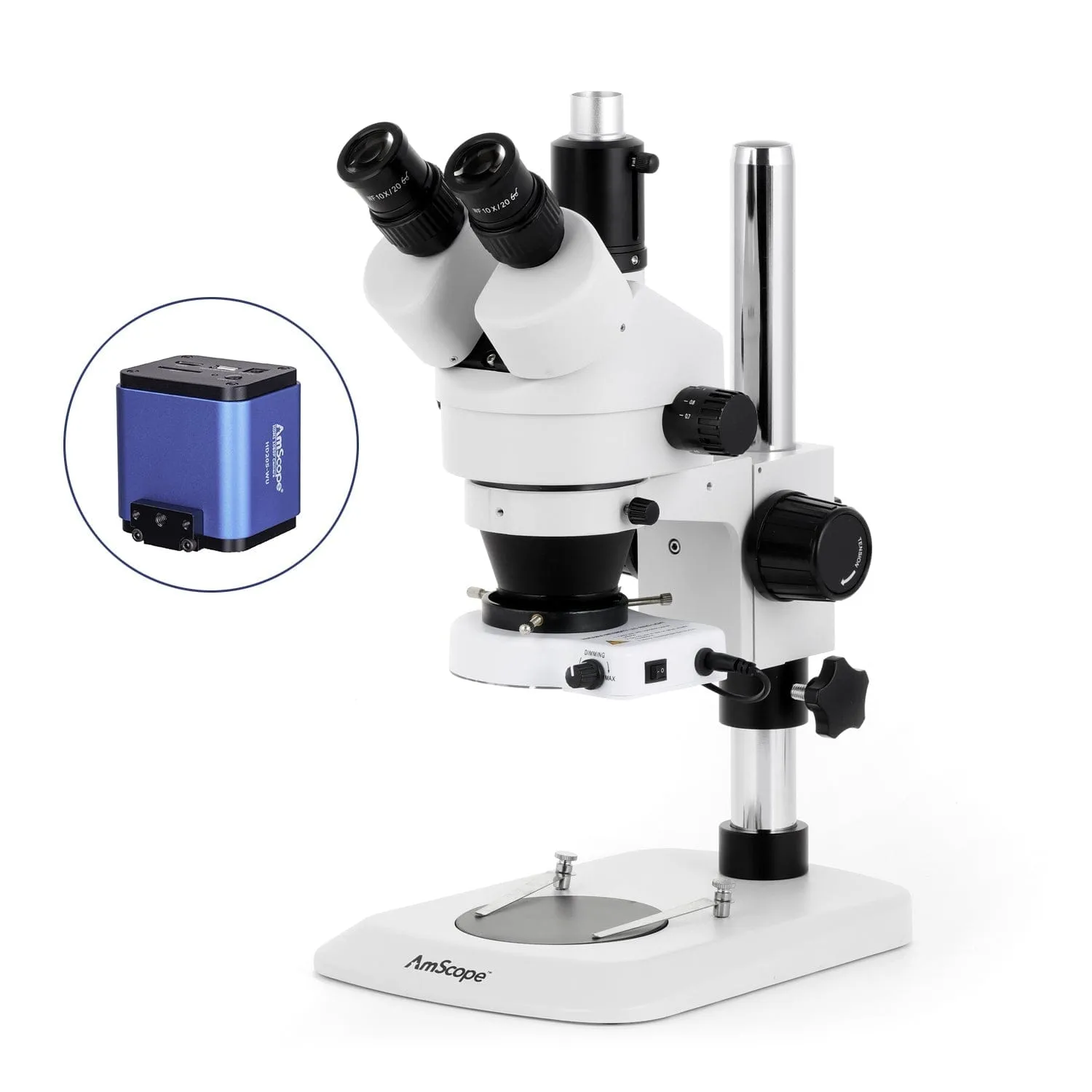 AmScope SM-1 Series Industrial Inspection Zoom Trinocular Stereo Microscope with 80 LED Compact Ring Light and HDMI Camera on Pillar Stand with Small Base