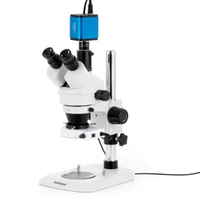 AmScope SM-1 Series Industrial Inspection Zoom Trinocular Stereo Microscope with 80 LED Compact Ring Light and HDMI Camera on Pillar Stand with Small Base