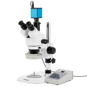 AmScope SM-1 Series Industrial Inspection Zoom Trinocular Stereo Microscope with 80 LED Direction Variable Ring Light and Auto Focus Camera on Pillar Stand with Small Base