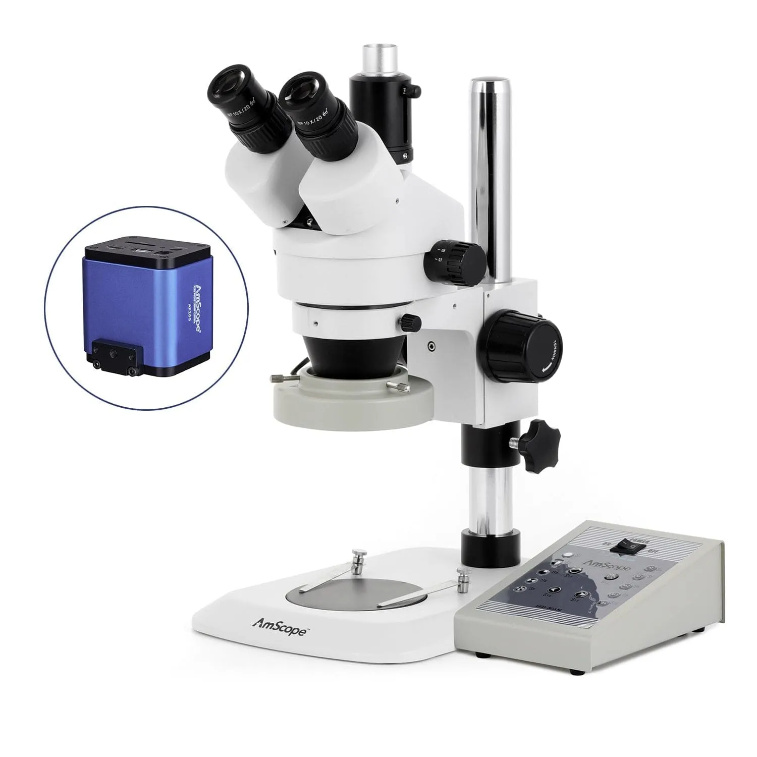 AmScope SM-1 Series Industrial Inspection Zoom Trinocular Stereo Microscope with 80 LED Direction Variable Ring Light and Auto Focus Camera on Pillar Stand with Small Base