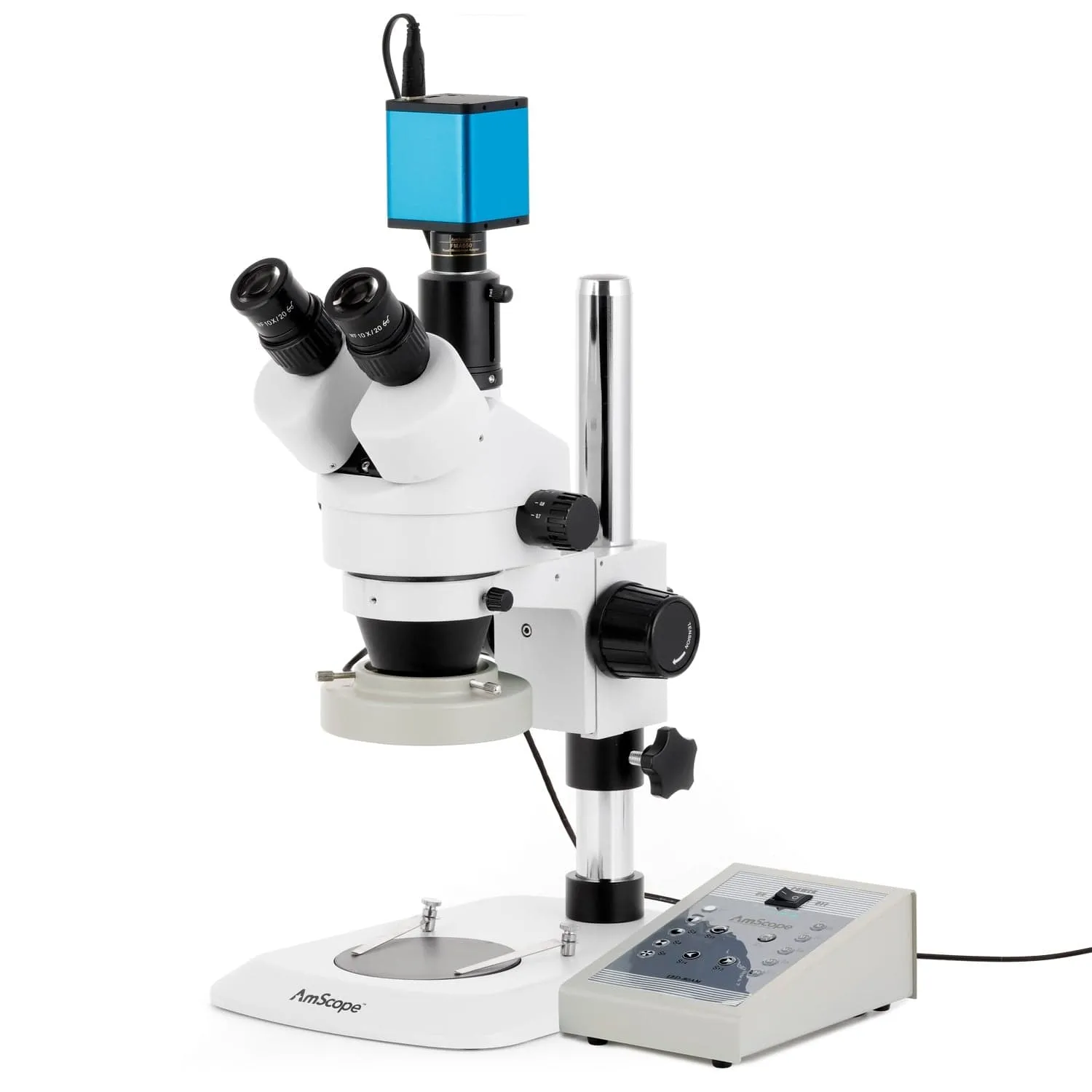 AmScope SM-1 Series Industrial Inspection Zoom Trinocular Stereo Microscope with 80 LED Direction Variable Ring Light and Auto Focus Camera on Pillar Stand with Small Base