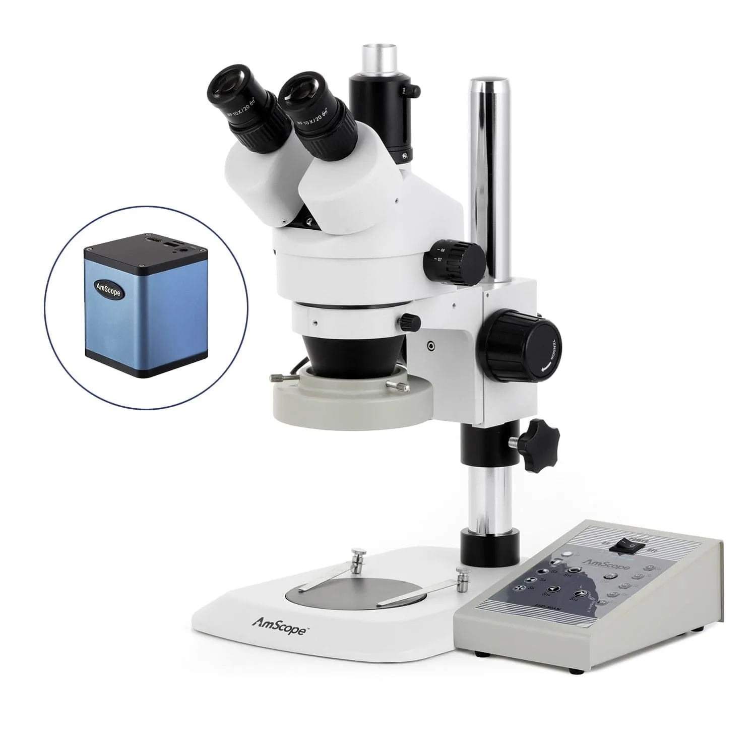 AmScope SM-1 Series Industrial Inspection Zoom Trinocular Stereo Microscope with 80 LED Direction Variable Ring Light and Auto Focus Camera on Pillar Stand with Small Base