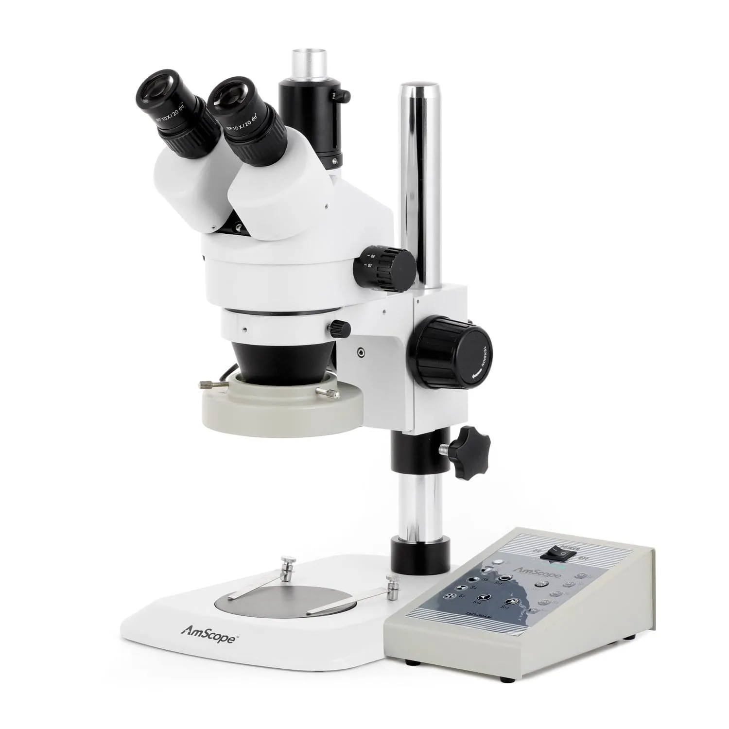 AmScope SM-1 Series Industrial Inspection Zoom Trinocular Stereo Microscope with 80 LED Direction Variable Ring Light and HDMI Camera on Pillar Stand with Small Base