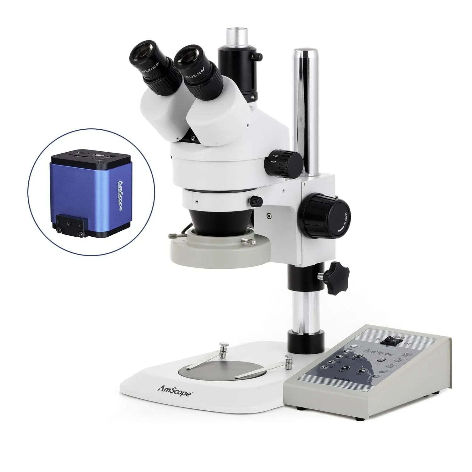 AmScope SM-1 Series Industrial Inspection Zoom Trinocular Stereo Microscope with 80 LED Direction Variable Ring Light and HDMI Camera on Pillar Stand with Small Base