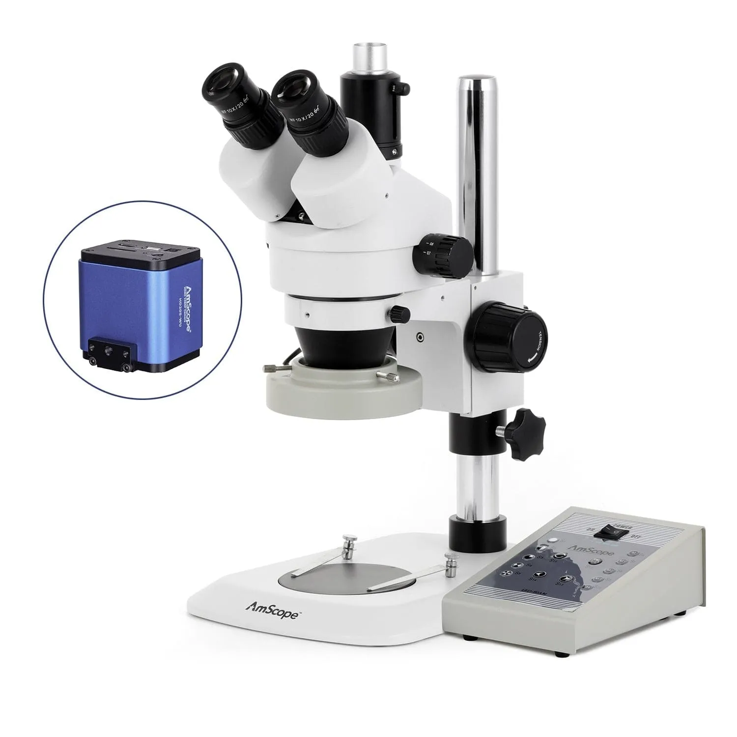 AmScope SM-1 Series Industrial Inspection Zoom Trinocular Stereo Microscope with 80 LED Direction Variable Ring Light and HDMI Camera on Pillar Stand with Small Base