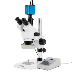 AmScope SM-1 Series Industrial Inspection Zoom Trinocular Stereo Microscope with 80 LED Direction Variable Ring Light and HDMI Camera on Pillar Stand with Small Base