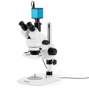 AmScope SM-1 Series Industrial Inspection Zoom Trinocular Stereo Microscope with 8W Fluorescent Ring Light and Auto Focus Camera on Pillar Stand with Small Base