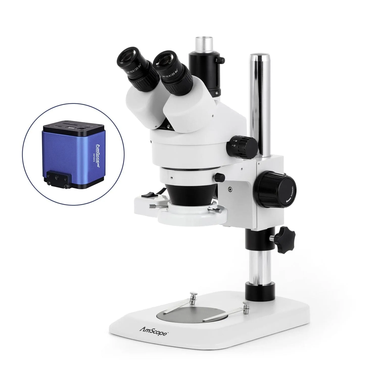 AmScope SM-1 Series Industrial Inspection Zoom Trinocular Stereo Microscope with 8W Fluorescent Ring Light and Auto Focus Camera on Pillar Stand with Small Base