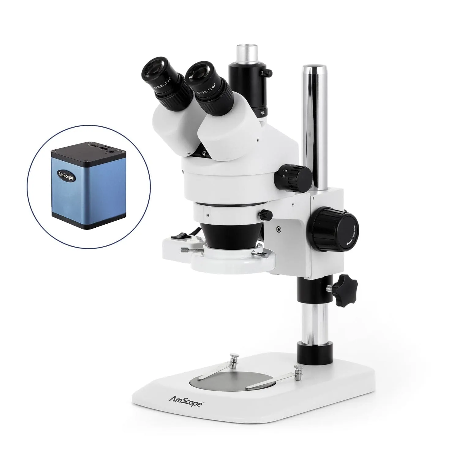 AmScope SM-1 Series Industrial Inspection Zoom Trinocular Stereo Microscope with 8W Fluorescent Ring Light and Auto Focus Camera on Pillar Stand with Small Base