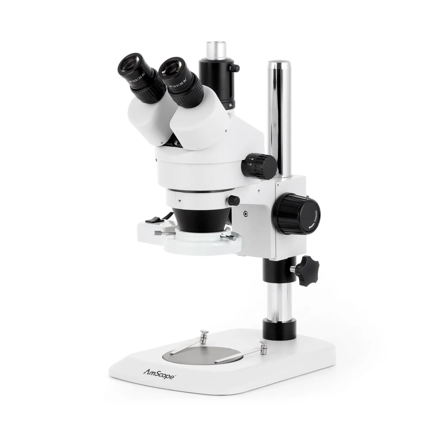 AmScope SM-1 Series Industrial Inspection Zoom Trinocular Stereo Microscope with 8W Fluorescent Ring Light and Auto Focus Camera on Pillar Stand with Small Base