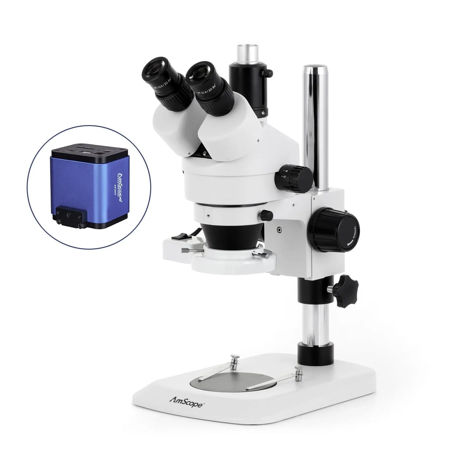 AmScope SM-1 Series Industrial Inspection Zoom Trinocular Stereo Microscope with 8W Fluorescent Ring Light and Auto Focus Camera on Pillar Stand with Small Base