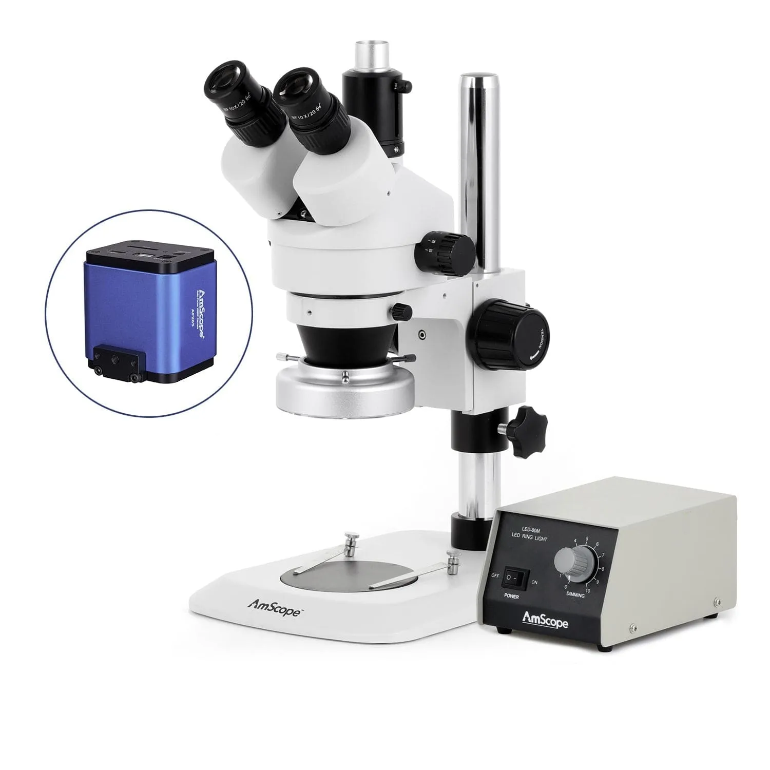 AmScope SM-1 Series Industrial Inspection Zoom Trinocular Stereo Microscope with Heavy Duty 80 LED Ring Light and Auto Focus Camera on Pillar Stand with Small Base
