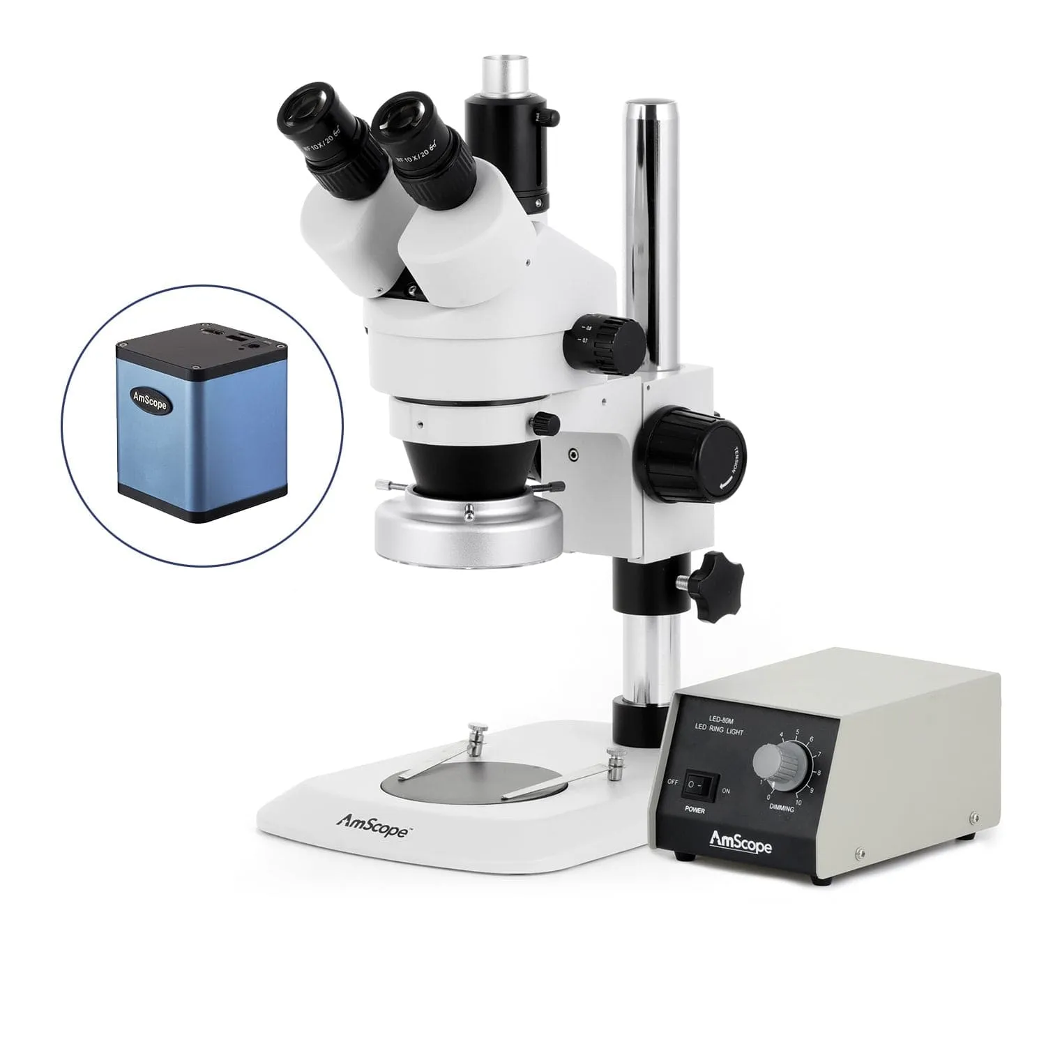 AmScope SM-1 Series Industrial Inspection Zoom Trinocular Stereo Microscope with Heavy Duty 80 LED Ring Light and Auto Focus Camera on Pillar Stand with Small Base