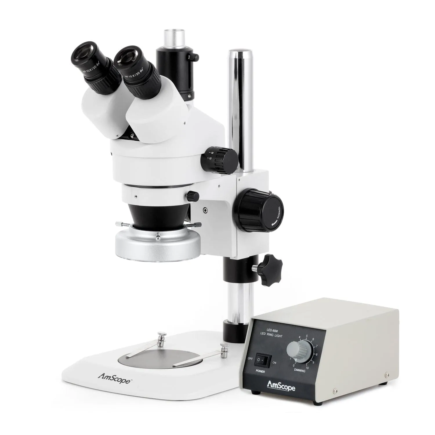 AmScope SM-1 Series Industrial Inspection Zoom Trinocular Stereo Microscope with Heavy Duty 80 LED Ring Light and Auto Focus Camera on Pillar Stand with Small Base