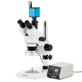 AmScope SM-1 Series Industrial Inspection Zoom Trinocular Stereo Microscope with Heavy Duty 80 LED Ring Light and Auto Focus Camera on Pillar Stand with Small Base