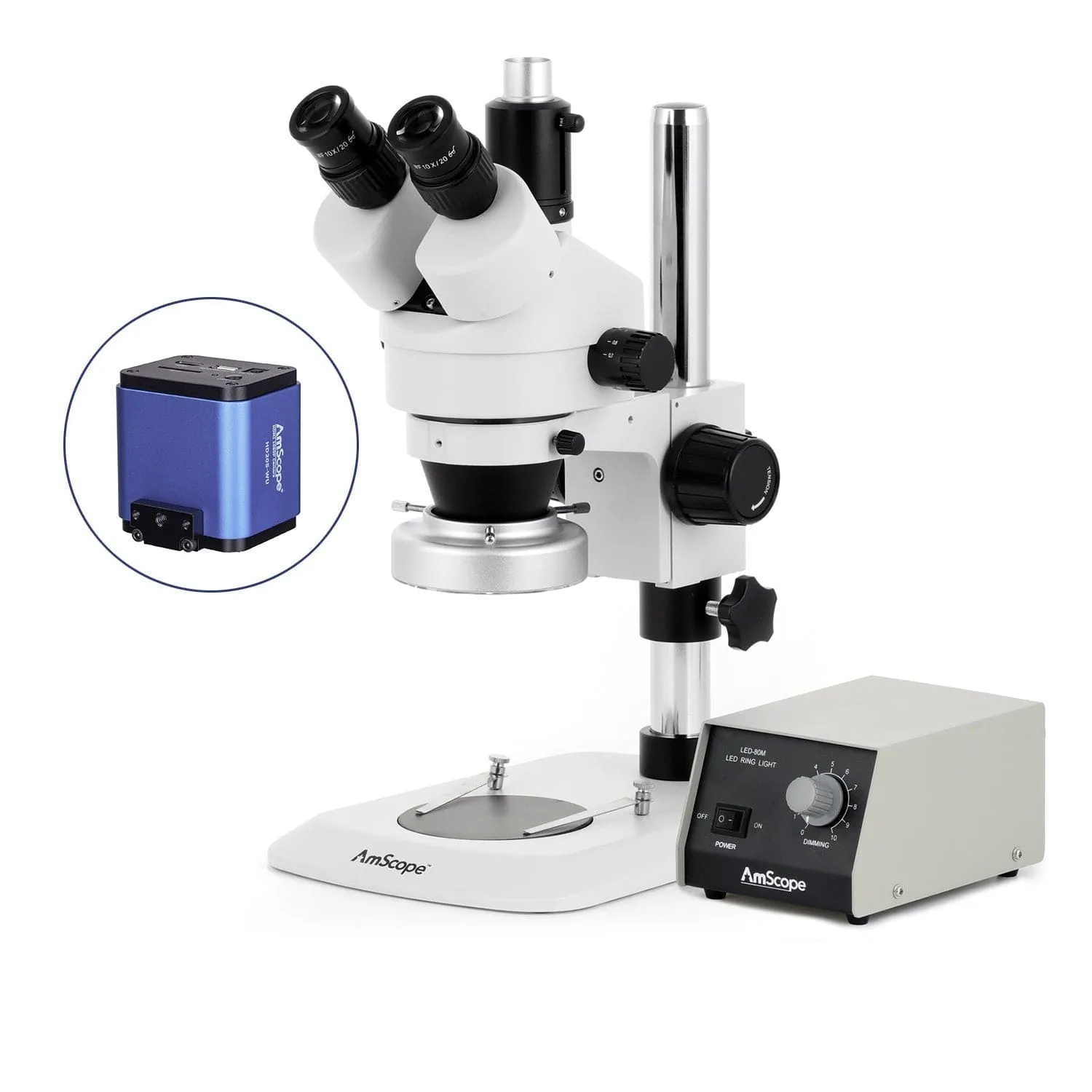 AmScope SM-1 Series Industrial Inspection Zoom Trinocular Stereo Microscope with Heavy Duty 80 LED Ring Light and HDMI Camera on Pillar Stand with Small Base