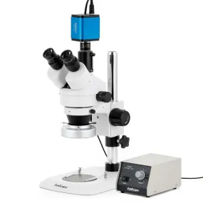 AmScope SM-1 Series Industrial Inspection Zoom Trinocular Stereo Microscope with Heavy Duty 80 LED Ring Light and HDMI Camera on Pillar Stand with Small Base